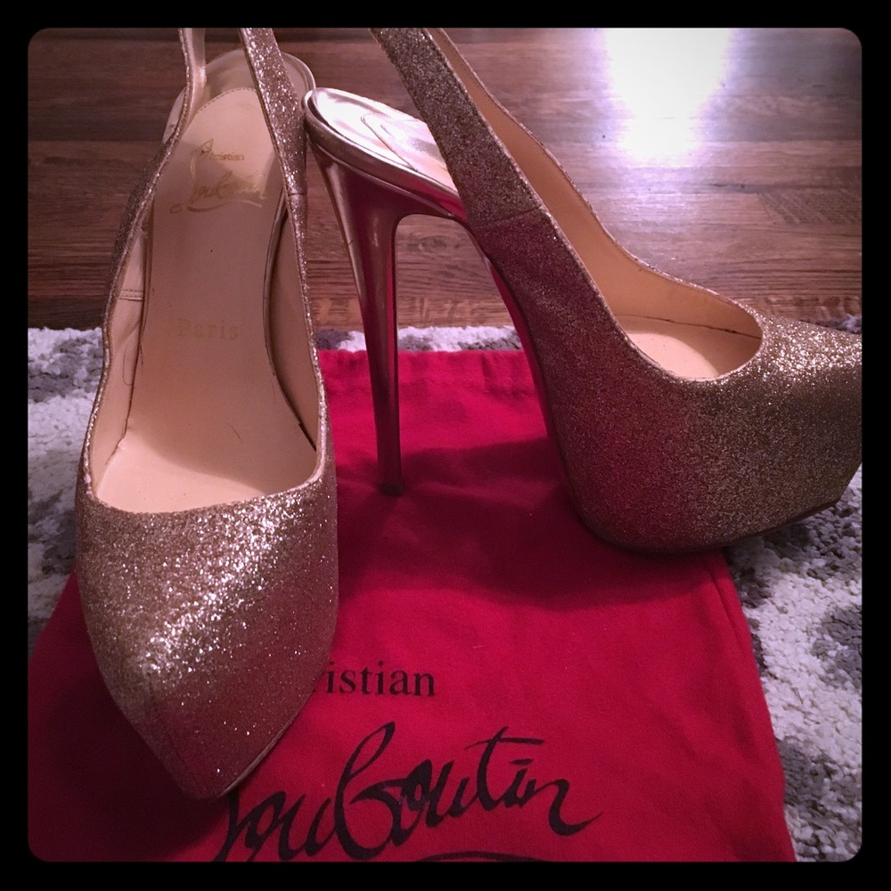 Christian Louboutin Gold Glitter Slingback Pumps with Red Soles